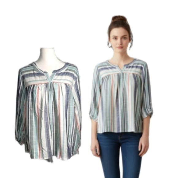 Knox Rose Women's Striped V-Neck 3/4 Sleeve Boho Rayon Blend Blouse - Picture 10 of 10